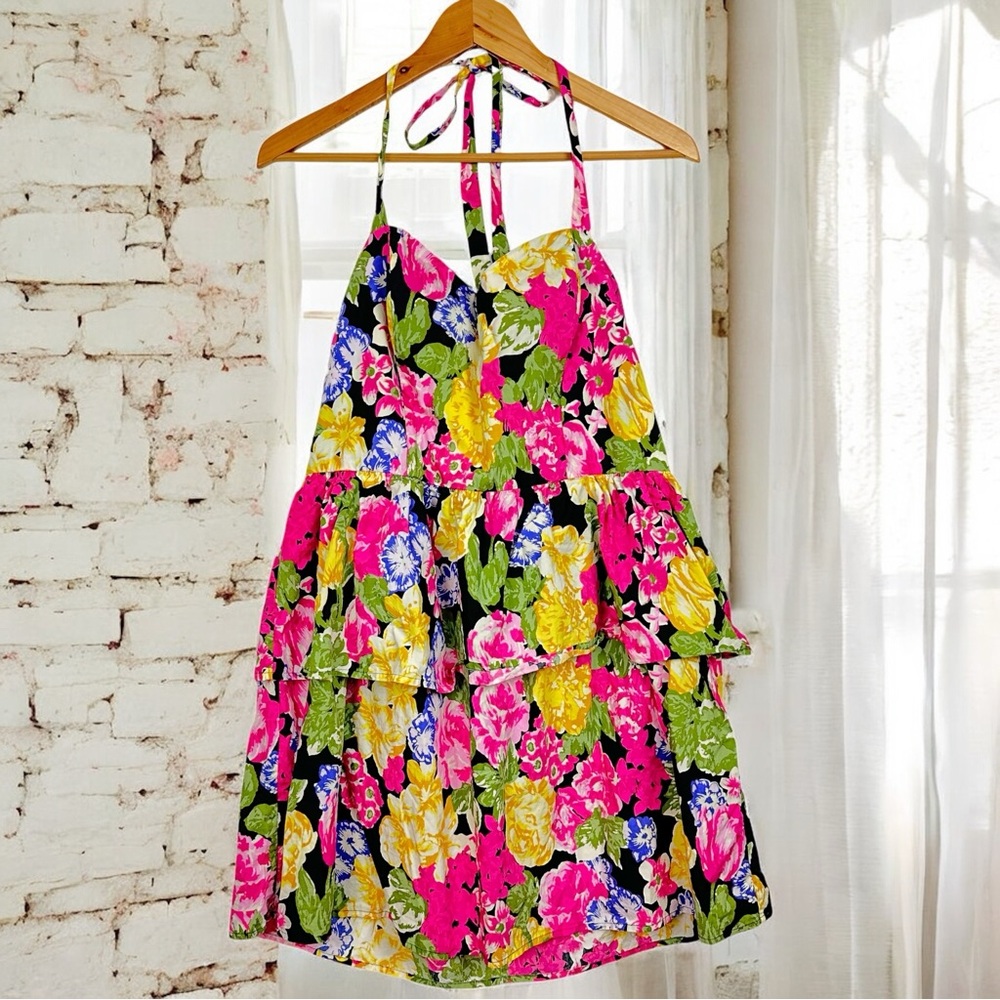 Moda International Barbie Tropical Print Bustier Peplum Ruffle Halter Mini Dress